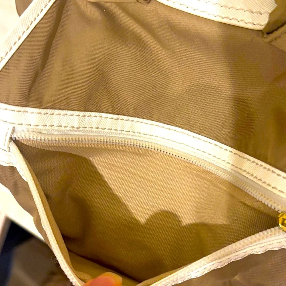 Tory Burch Designer Brown Backpack with White Trim & Signature Logo Detailing